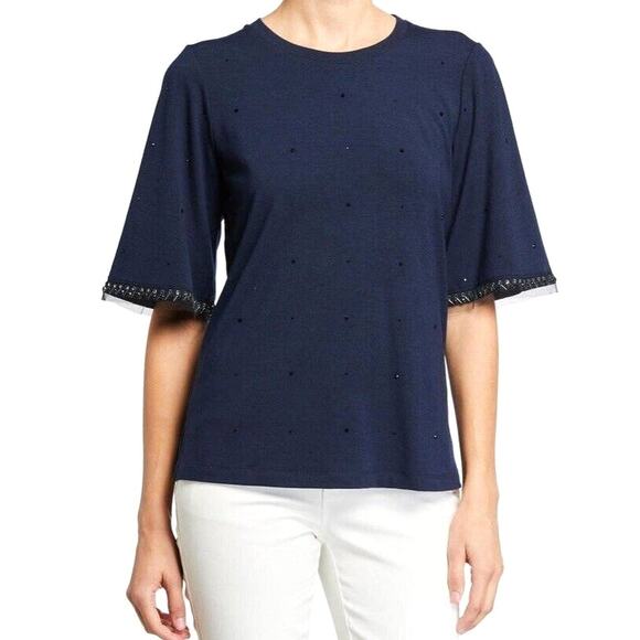 Kobi Halperin Livia Beaded Flutter Sleeve Blouse – Navy Blue – Size Medium - Picture 1 of 10